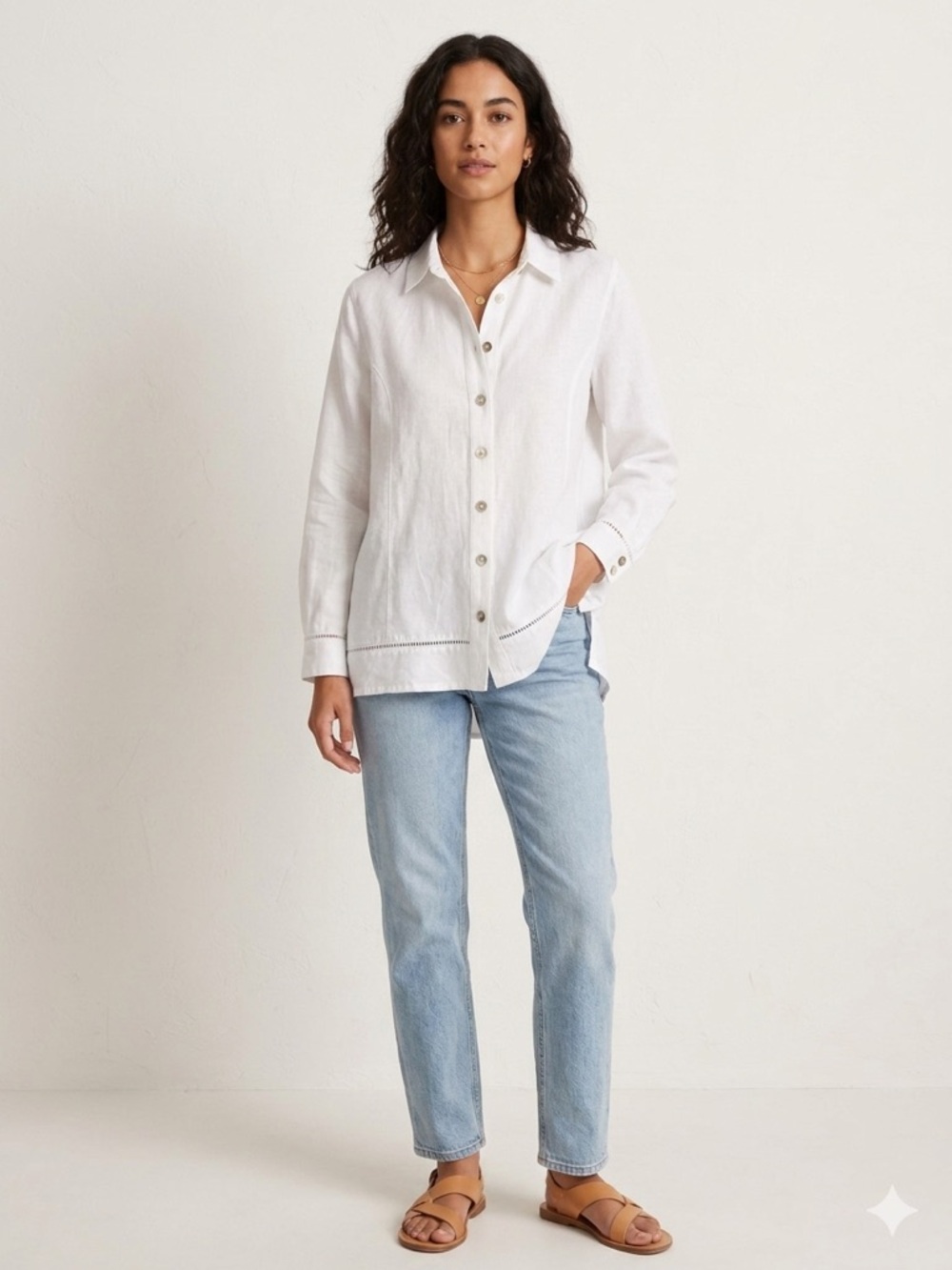 Soft Surroundings White Linen Blend Ladder Lace Button Down Shirt PXL